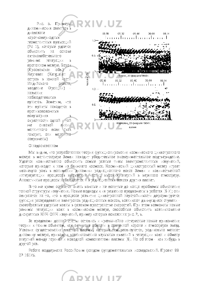 Рис. 5. Примеры динамических спектров в диапазоне короткопериодных геомагнитных пульсаций (Pc 1), которые удается объяснить на основе автоколебательного режима генерации в протонном мазере. Борок (Ярославская обл.) и Кергелен (Kerguelen - остров в южной части Индийского океана, владение Франции) - названия наблюдательных пунктов. Заметим, что эти пункты находятся в противоположных полушариях в окрестности одной и той же силовой линии магнитного поля (как говорят, они магнитно сопряжены) О недосказанном Мы видим, что разработанная теория функционирования космического циклотронного мазера в магнитосфере Земли находит убедительное экспериментальное подтверждение. Удается количественно объяснить самые разные типы электромагнитных излучений, которые приходят к нам из ближнего космоса. Космический циклотронный мазер играет ключевую роль в понимании динамики радиационного пояса Земли и количественной интерпретации процессов высыпания частиц высоких энергий в верхнюю атмосферу. Аналогичные процессы наблюдаются и в радиационных поясах других планет. В то же время остаются очень важные и не понятые до конца проблемы объяснения тонкой структуры излучения. Новые подходы к их решению предложены в работах [6-7]; они опираются на то, что в процессе развития циклотронной неустойчивости деформируется функция распределения электронов радиационных поясов, возникают движущиеся ступени - своеобразные ударные волны в фазовом пространстве скоростей. При этом возможны новые режимы генерации волн в космическом мазере, способные объяснить возникновение дискретных КНЧ-ОНЧ излучений, пример которых показан на рис. 2, в. За пределами данной статьи остались и чрезвычайно интересные новые приложения теории к таким объектам, как активные области в солнечной короне и атмосферах звезд. Условия существования плотной плазмы, которые там реализуются, радикально меняют динамику мазера, приводя к возникновению взрывных явлений в генерации волн и обмену энергией между горячей и холодной компонентами плазмы [8]. Но об этом - как-нибудь в другой раз. Работа поддержана Российским фондом фундаментальных исследований. Проект 99- 02-16175. 