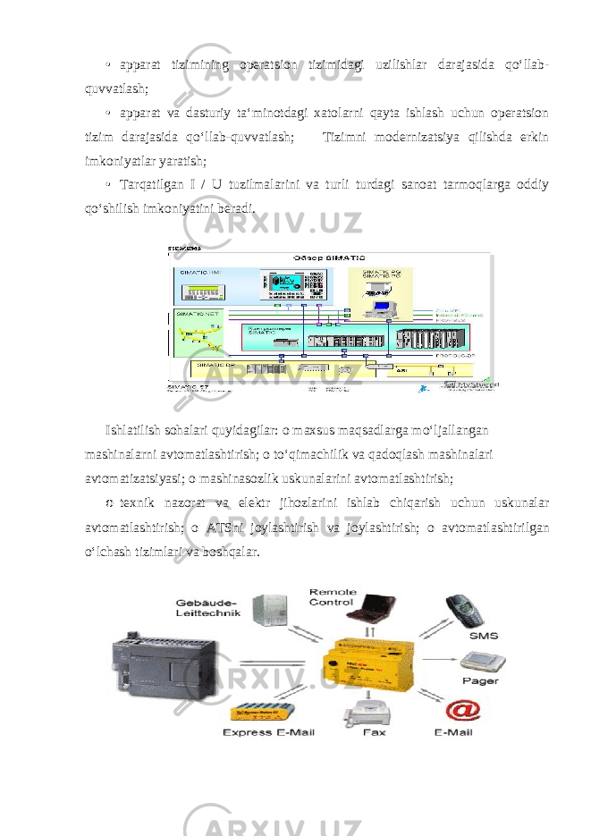 • apparat tizimining operatsion tizimidagi uzilishlar darajasida qoʻllab- quvvatlash; • apparat va dasturiy taʻminotdagi xatolarni qayta ishlash uchun operatsion tizim darajasida qoʻllab-quvvatlash;  Tizimni modernizatsiya qilishda erkin imkoniyatlar yaratish; • Tarqatilgan I / U tuzilmalarini va turli turdagi sanoat tarmoqlarga oddiy qoʻshilish imkoniyatini beradi. Ishlatilish sohalari quyidagilar: o maxsus maqsadlarga moʻljallangan mashinalarni avtomatlashtirish; o toʻqimachilik va qadoqlash mashinalari avtomatizatsiyasi; o mashinasozlik uskunalarini avtomatlashtirish; o texnik nazorat va elektr jihozlarini ishlab chiqarish uchun uskunalar avtomatlashtirish; o ATSni joylashtirish va joylashtirish; o avtomatlashtirilgan oʻlchash tizimlari va boshqalar. 