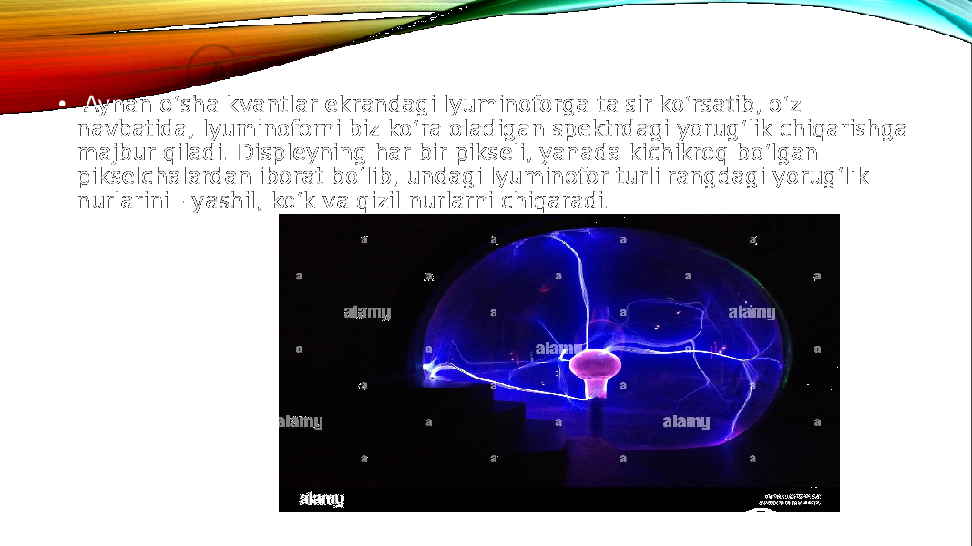  •   Aynan o‘sha kvantlar ekrandagi lyuminoforga ta&#39;sir ko‘rsatib, o‘z navbatida, lyuminoforni biz ko‘ra oladigan spektrdagi yorug‘lik chiqarishga majbur qiladi. Displeyning har bir pikseli, yanada kichikroq bo‘lgan pikselchalardan iborat bo‘lib, undagi lyuminofor turli rangdagi yorug‘lik nurlarini - yashil, ko‘k va qizil nurlarni chiqaradi. 