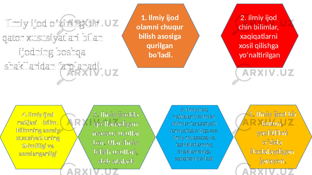 Ilmiy ijod o‘zining bir qator xususiyatlari bilan ijodning boshqa shakllaridan farqlanadi. 4. Ilmiy ijod natijasi – bilim. Bilimning asosiy xususiyati uning tizimliligi va asoslanganligi . 5. Ilmiy ijodda qo‘llanadigan maxsus usullar bor. Ular ilmiy bilish usullari, deb ataladi . 6. Ilmiy ijod natijalari bo‘lmish bilimlar taraqqiyoti jamiyatda o‘ziga xos ilmiy muassasa va tashkilotlarning shakllanishiga sababchi bo‘ladi.1. Ilmiy ijod olamni chuqur bilish asosiga qurilgan bo‘ladi. 2. Ilmiy ijod chin bilimlar, xaqiqatlarni xosil qilishga yo‘naltirilgan 3. Ilmiy ijod bir butun, yaxlitlikni o‘zida ifodalaydigan jarayon. 