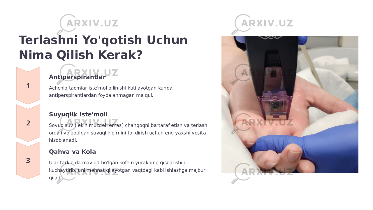 Terlashni Yo&#39;qotish Uchun Nima Qilish Kerak? Antiperspirantlar Achchiq taomlar iste&#39;mol qilinishi kutilayotgan kunda antiperspirantlardan foydalanmagan ma&#39;qul. Suyuqlik Iste&#39;moli Sovuq suv (lekin muzdek emas) chanqoqni bartaraf etish va terlash orqali yo&#39;qotilgan suyuqlik o&#39;rnini to&#39;ldirish uchun eng yaxshi vosita hisoblanadi. Qahva va Kola Ular tarkibida mavjud bo&#39;lgan kofein yurakning qisqarishini kuchaytirib, uni mehnat qilayotgan vaqtdagi kabi ishlashga majbur qiladi. 