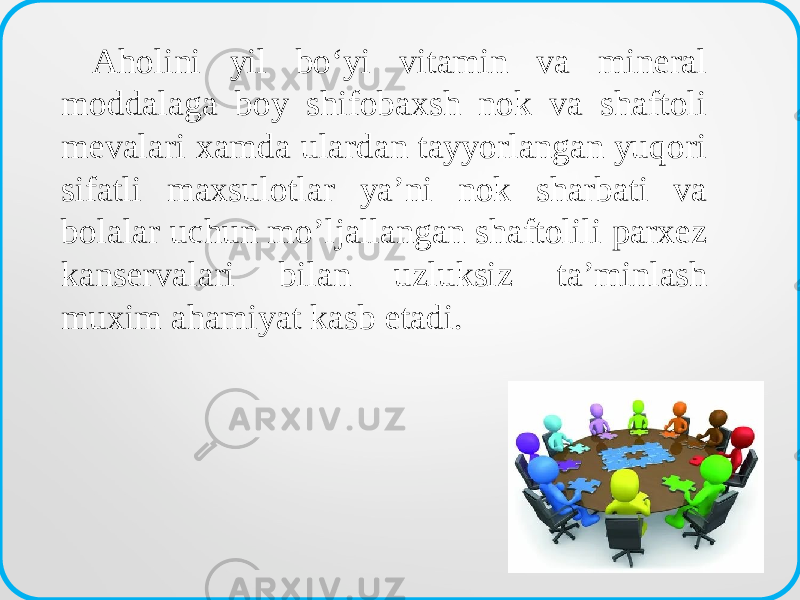 Aholini yil bo‘yi vitamin va mineral moddalaga boy shifobaxsh nok va shaftoli mevalari xamda ulardan tayyorlangan yuqori sifatli maxsulotlar ya’ni nok sharbati va bolalar uchun mo’ljallangan shaftolili parxez kanservalari bilan uzluksiz ta’minlash muxim ahamiyat kasb etadi. 