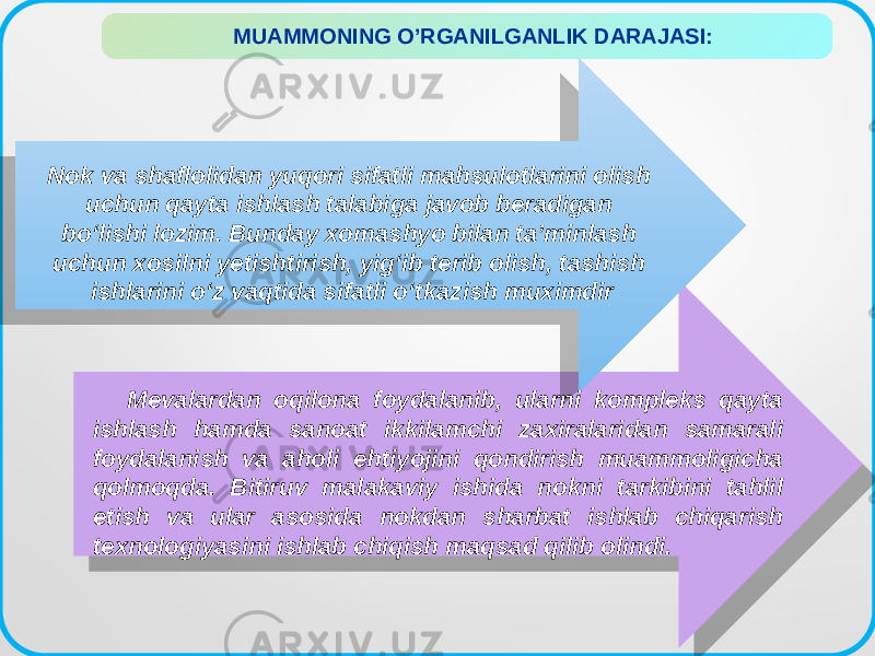  MUAMMONING O’RGANILGANLIK DARAJASI: Nok va shaflolidan yuqori sifatli mahsulotlarini olish uchun qayta ishlash talabiga javob beradigan bo‘lishi lozim. Bunday xomashyo bilan ta’minlash uchun xosilni yetishtirish, yig‘ib terib olish, tashish ishlarini o‘z vaqtida sifatli o‘tkazish muximdir Mevalardan oqilona foydalanib, ularni kompleks qayta ishlash hamda sanoat ikkilamchi zaxiralaridan samarali foydalanish va aholi ehtiyojini qondirish muammoligicha qolmoqda. Bitiruv malakaviy ishida nokni tarkibini tahlil etish va ular asosida nokdan sharbat ishlab chiqarish texnologiyasini ishlab chiqish maqsad qilib olindi. 