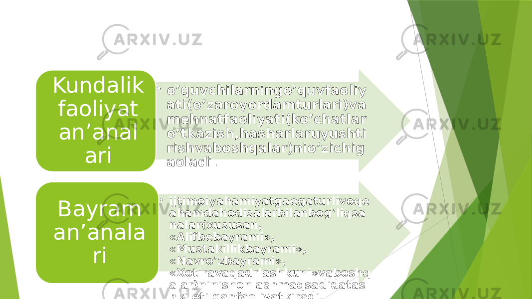 • o’quvchilarningo’quvfaoliy ati(o’zaroyordamturlari)va mehnatfaoliyati(ko’chatlar o’tkazish,hasharlaruyushti rishvaboshqalar)nio’zichig aoladi.Kundalik faoliyat anʼanal ari • ijtimoiyahamiyatgaegaturlivoqe ahamdahodisalarbilanbog’liqsa nalar(xususan, «Аlifbebayrami», «Mustakillikbayrami», «Navro’zbayrami», «Xotiravaqadrlashkuni»vaboshq alar)ninishonlashmaqsadidatas hkiletilganfaoliyatkiradi.Bayram anʼanala ri 