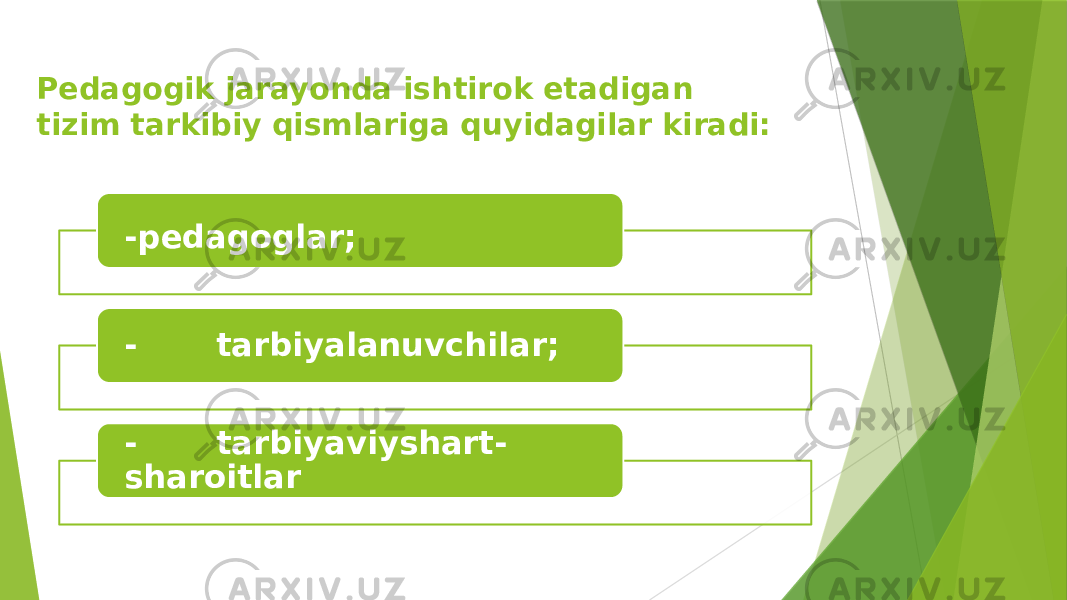 Pedagogik jarayonda ishtirok etadigan tizim tarkibiy qismlariga quyidagilar kiradi: -pedagoglar; -       tarbiyalanuvchilar; -       tarbiyaviyshart- sharoitlar 