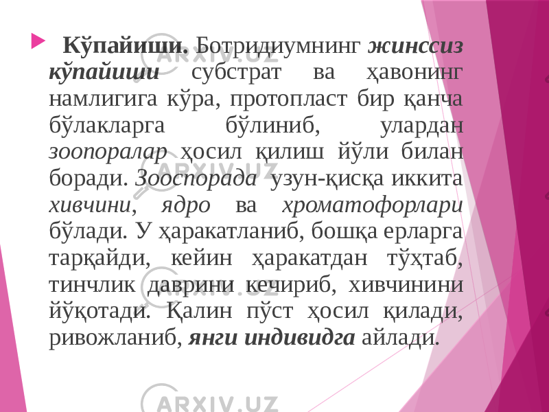  Кўпайиши. Ботридиумнинг жинссиз кўпайиши субстрат ва ҳавонинг намлигига кўра, протопласт бир қанча бўлакларга бўлиниб, улардан зоопоралар ҳосил қилиш йўли билан боради. Зооспорада узун-қисқа иккита хивчини , ядро ва хроматофорлари бўлади. У ҳаракатланиб, бошқа ерларга тарқайди, кейин ҳаракатдан тўҳтаб, тинчлик даврини кечириб, хивчинини йўқотади. Қалин пўст ҳосил қилади, ривожланиб, янги индивидга айлади. 