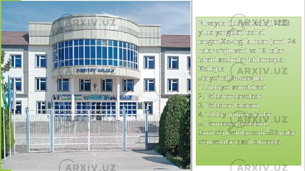 Buvayda tibbiyot kolleji 2008 yilda yangidan tashkil topgan.Xozirgi kundan jami 24 nafar o’q ituvchi va 16 nafar ishchi xodimlar ishl a mo q da. Kollejda 5ta y o’ nalish mavjud. 1.Tibbiyot xamshirasi 2. Feldsher davolash 3. Feldsher lobarant 4. Tibbiy ijtimoiy ishlar 5. Farmasevt assistenti. Jami o’q uvchilar soni 598 nafar o’q uvchilar taxsil olma q da.   