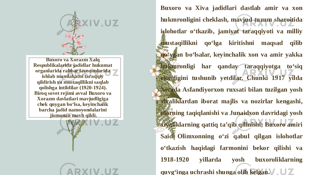 Buxoro va Xorazm Xalq Respublikalarida jadidlar hukumat organlarida rahbar lavozimlarida ishlab mamlakatni taraqqiy qildirish va mustaqillikni saqlab qolishga intildilar (1920-1924). Biroq sovet rejimi avval Buxoro va Xorazm davlatlari mavjudligiga chek quygan bo‘lsa, keyinchalik barcha jadid namoyondalarini jismonan mavh qildi. Buxoro va Xiva jadidlari dastlab amir va xon hukmronligini cheklash, mavjud tuzum sharoitida islohotlar o‘tkazib, jamiyat taraqqiyoti va milliy mustaqillikni qo‘lga kiritishni maqsad qilib qo‘ygan bo‘lsalar, keyinchalik xon va amir yakka hukmronligi har qanday taraqqiyotga to‘siq ekanligini tushunib yetdilar. Chunki 1917 yilda Xivada Asfandiyorxon ruxsati bilan tuzilgan yosh xivaliklardan iborat majlis va nozirlar kengashi, ularning taqiqlanishi va Junaidxon davridagi yosh xivaliklarning qattiq ta’qib qilinishi; Buxoro amiri Said Olimxonning o‘zi qabul qilgan islohotlar o‘tkazish haqidagi farmonini bekor qilishi va 1918-1920 yillarda yosh buxoroliklarning quvg‘inga uchrashi shunga olib kelgan . 