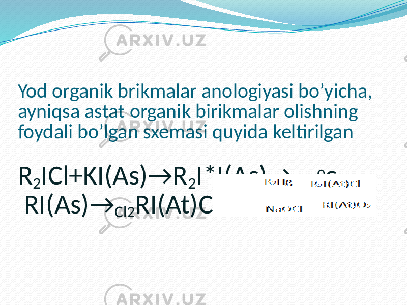 Yod organik brikmalar anologiyasi bo’yicha, ayniqsa astat organik birikmalar olishning foydali bo’lgan sxemasi quyida keltirilgan R 2 ICl+KI(As)→R 2 I*I(As)→ 170 0 c RI(As)→ Cl2 RI(At)Cl 2 