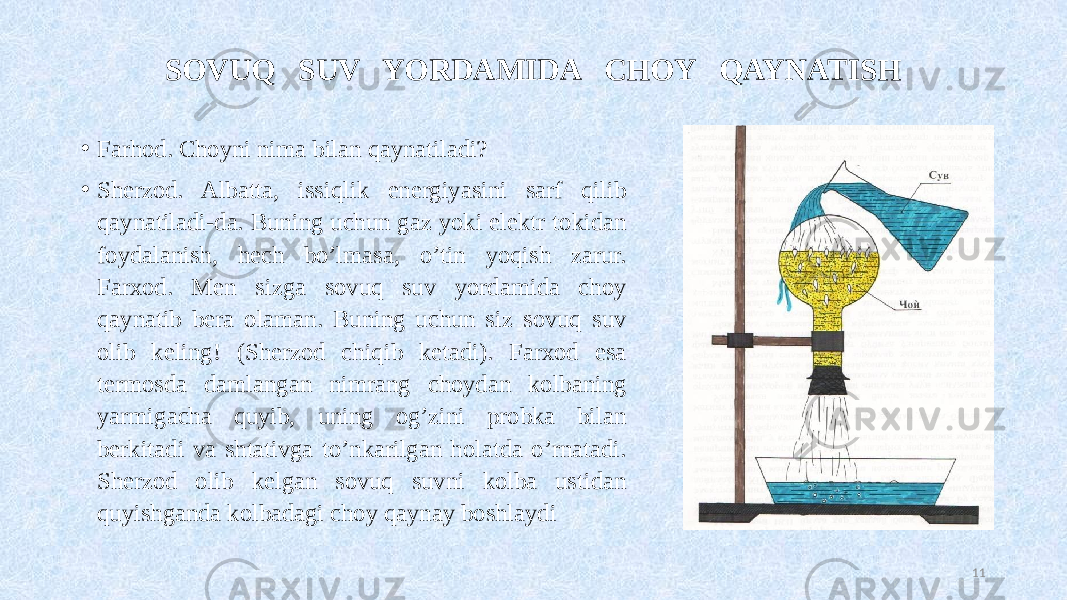 SOVUQ SUV YORDAMIDA CHOY QAYNATISH • Farhod. Choyni nima bilan qaynatiladi? • Sherzod. Albatta, issiqlik energiyasini sarf qilib qaynatiladi-da. Buning uchun gaz yoki elektr tokidan foydalanish, hech bo’lmasa, o’tin yoqish zarur. Farxod. Men sizga sovuq suv yordamida choy qaynatib bera olaman. Buning uchun siz sovuq suv olib keling! (Sherzod chiqib ketadi). Farxod esa termosda damlangan nimrang choydan kolbaning yarmigacha quyib, uning og’zini probka bilan berkitadi va shtativga to’nkarilgan holatda o’rnatadi. Sherzod olib kelgan sovuq suvni kolba ustidan quyishganda kolbadagi choy qaynay boshlaydi 11 