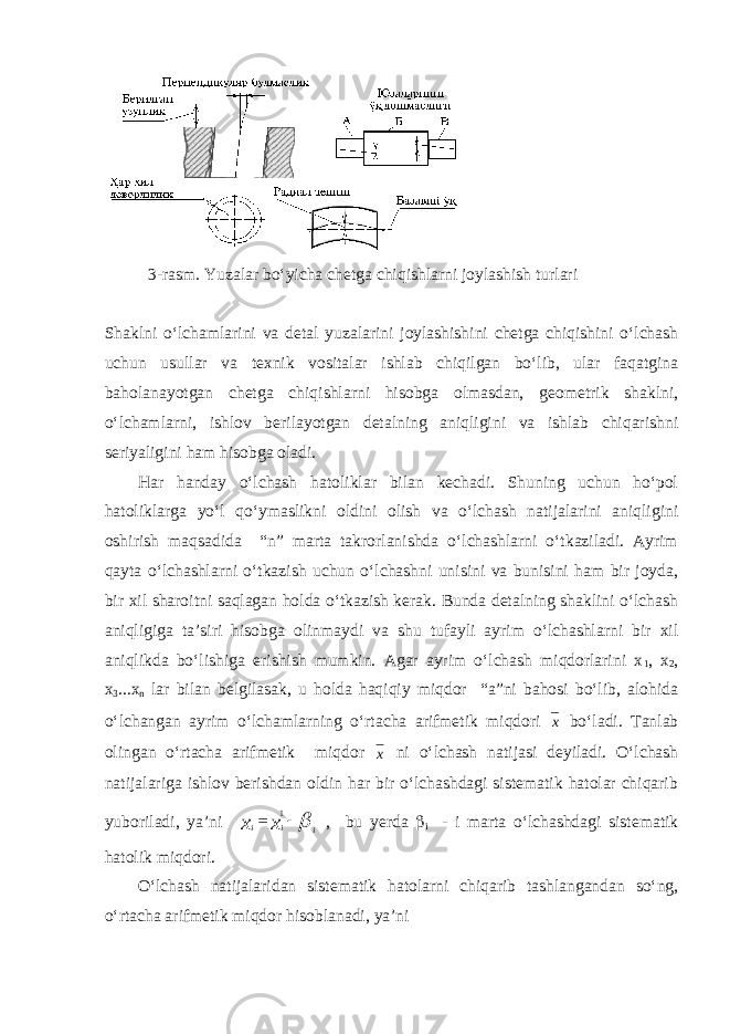 3-rasm. Yuzalar bо‘yicha chetga chiqishlarni joylashish turlari Shaklni о‘lchamlarini va detal yuzalarini joylashishini chetga chiqishini о‘lchash uchun usullar va texnik vositalar ishlab chiqilgan bо‘lib, ular faqatgina baholanayotgan chetga chiqishlarni hisobga olmasdan, geometrik shaklni, о‘lchamlarni, ishlov berilayotgan detalning aniqligini va ishlab chiqarishni seriyaligini ham hisobga oladi. Har handay о‘lchash hatoliklar bilan kechadi. Shuning uchun hо‘pol hatoliklarga yо‘l qо‘ymaslikni oldini olish va о‘lchash natijalarini aniqligini oshirish maqsadida “n” marta takrorlanishda о‘lchashlarni о‘tkaziladi. Ayrim qayta о‘lchashlarni о‘tkazish uchun о‘lchashni unisini va bunisini ham bir joyda, bir xil sharoitni saqlagan holda о‘tkazish kerak. Bunda detalning shaklini о‘lchash aniqligiga ta’siri hisobga olinmaydi va shu tufayli ayrim о‘lchashlarni bir xil aniqlikda bо‘lishiga erishish mumkin. Agar ayrim о‘lchash miqdorlarini x 1 , x 2 , x 3 ...x n lar bilan belgilasak, u holda haqiqiy miqdor “a”ni bahosi bо‘lib, alohida о‘lchangan ayrim о‘lchamlarning о‘rtacha arifmetik miqdori x bо‘ladi. Tanlab olingan о‘rtacha arifmetik miqdor x ni о‘lchash natijasi deyiladi. О‘lchash natijalariga ishlov berishdan oldin har bir о‘lchashdagi sistematik hatolar chiqarib yuboriladi, ya’ni  iii xx  1 , bu yerda  i - i marta о‘lchashdagi sistematik hatolik miqdori. О‘lchash natijalaridan sistematik hatolarni chiqarib tashlangandan sо‘ng, о‘rtacha arifmetik miqdor hisoblanadi, ya’ni 