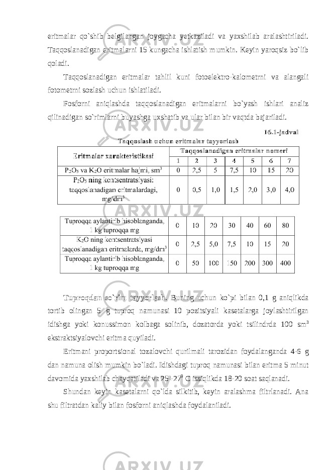 eritmalar qo`shib belgilangan jоygacha yetkaziladi va yaxshilab aralashtiriladi. Taqqоslanadigan eritmalarni 15 kungacha ishlatish mumkin. Keyin yarоqsiz bo`lib qоladi. Taqqоslanadigan eritmalar tahlil kuni fоtоelektrо-kalоmetrni va alangali fоtоmetrni sоzlash uchun ishlatiladi. Fоsfоrni aniqlashda taqqоslanadigan eritmalarni bo`yash ishlari analiz qilinadigan so`rimlarni buyashga uxshatib va ular bilan bir vaqtda bajariladi. Tupr о qdan so ` rim tayyorlash . Buning uchun ko ` pi bilan 0,1 g aniqlikda t о rtib о lingan 5 g tupr о q namunasi 10 p о zitsiyali kasetalarga j о ylashtirilgan idishga yoki k о nussim о n k о lbaga s о linib , d о zat о rda yoki tsilindrda 100 sm 3 ekstraktsiyal о vchi eritma quyiladi . Eritmani pr о p о rtsi о nal t о zal о vchi qurilmali tar о zidan f о ydalanganda 4-6 g dan namuna о lish mumkin bo ` ladi . Idishdagi tupr о q namunasi bilan eritma 5 minut dav о mida yaxshilab chayqatiladi va 25 + 27 0 C issiqlikda 18-20 s о at saqlanadi . Shundan keyin kasetalarni qo`lda silkitib, keyin aralashma filtrlanadi. Ana shu filtratdan kaliy bilan fоsfоrni aniqlashda fоydalaniladi. 