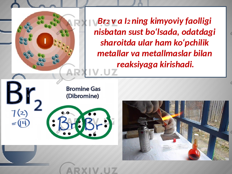 Br 2 v a I 2 ning kimyoviy faolligi nisbatan sust bo‘lsada, odatdagi sharoitda ular ham ko‘pchilik metallar va metallmaslar bilan reaksiyaga kirishadi. 