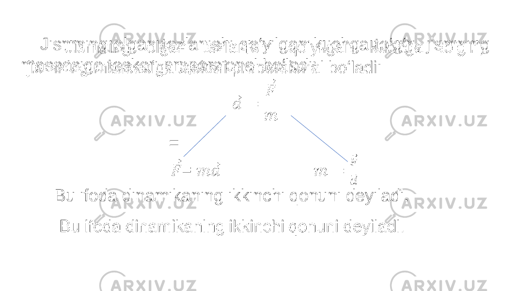 Jismning olgan tezlanishi qo‘yilgan kuchga to‘g‘ri, jismning massasiga teskari proporsional bo‘ladi: = Bu ifoda dinamikaning ikkinchi qonuni deyiladi.•   