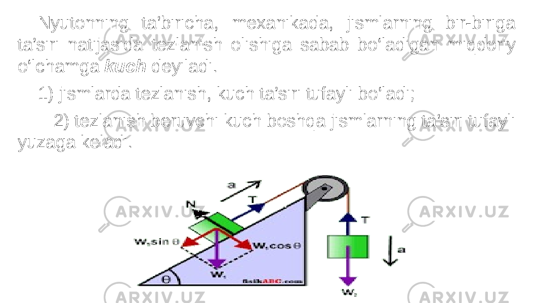 Nyutonning ta’biricha, mexanikada, jismlarning bir-biriga ta’siri natijasida tezlanish olishiga sabab bo‘ladigan miqdoriy o‘lchamga kuch deyiladi. 1) jismlarda tezlanish, kuch ta’siri tufayli bo‘ladi; 2) tezlanish beruvchi kuch boshqa jismlarning ta’siri tufayli yuzaga keladi. 