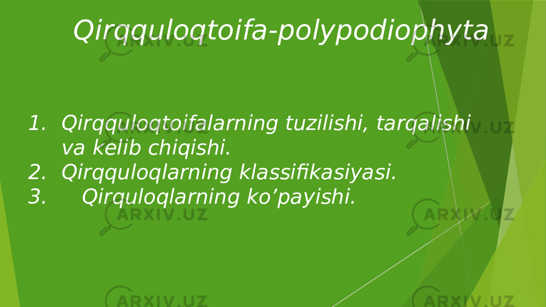  1. Qirqquloqtoifalarning tuzilishi, tarqalishi va kelib chiqishi. 2. Qirqquloqlarning klassifikasiyasi. 3. Qirquloqlarning ko’payishi.Qirqquloqtoifa-polypodiophyta 