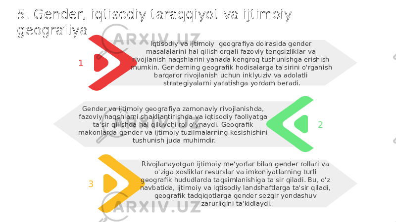 5. Gender, iqtisodiy taraqqiyot va ijtimoiy geografiya 2Gender va ijtimoiy geografiya zamonaviy rivojlanishda, fazoviy naqshlarni shakllantirishda va iqtisodiy faoliyatga ta&#39;sir qilishda hal qiluvchi rol o&#39;ynaydi. Geografik makonlarda gender va ijtimoiy tuzilmalarning kesishishini tushunish juda muhimdir. 3 Rivojlanayotgan ijtimoiy me&#39;yorlar bilan gender rollari va o&#39;ziga xosliklar resurslar va imkoniyatlarning turli geografik hududlarda taqsimlanishiga ta&#39;sir qiladi. Bu, o&#39;z navbatida, ijtimoiy va iqtisodiy landshaftlarga ta&#39;sir qiladi, geografik tadqiqotlarga gender sezgir yondashuv zarurligini ta&#39;kidlaydi.1 Iqtisodiy va ijtimoiy geografiya doirasida gender masalalarini hal qilish orqali fazoviy tengsizliklar va rivojlanish naqshlarini yanada kengroq tushunishga erishish mumkin. Genderning geografik hodisalarga ta&#39;sirini o&#39;rganish barqaror rivojlanish uchun inklyuziv va adolatli strategiyalarni yaratishga yordam beradi. 