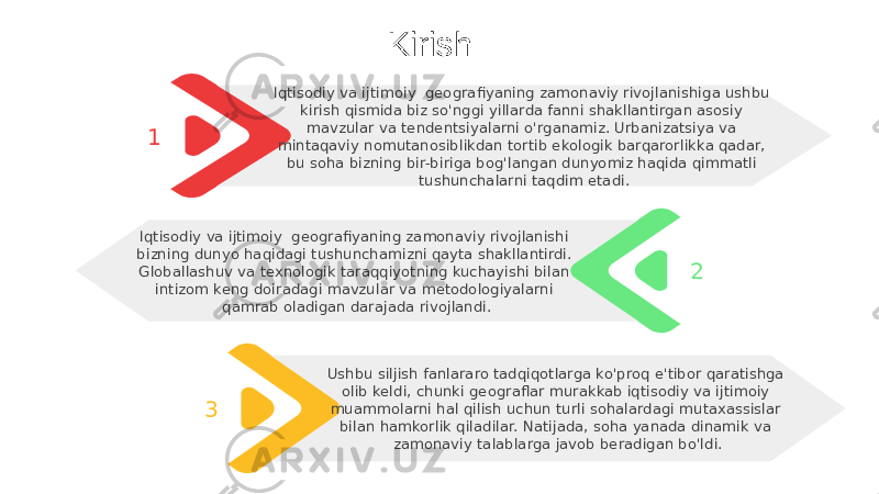 2Iqtisodiy va ijtimoiy geografiyaning zamonaviy rivojlanishi bizning dunyo haqidagi tushunchamizni qayta shakllantirdi. Globallashuv va texnologik taraqqiyotning kuchayishi bilan intizom keng doiradagi mavzular va metodologiyalarni qamrab oladigan darajada rivojlandi. 3 Ushbu siljish fanlararo tadqiqotlarga ko&#39;proq e&#39;tibor qaratishga olib keldi, chunki geograflar murakkab iqtisodiy va ijtimoiy muammolarni hal qilish uchun turli sohalardagi mutaxassislar bilan hamkorlik qiladilar. Natijada, soha yanada dinamik va zamonaviy talablarga javob beradigan bo&#39;ldi.1 Iqtisodiy va ijtimoiy geografiyaning zamonaviy rivojlanishiga ushbu kirish qismida biz so&#39;nggi yillarda fanni shakllantirgan asosiy mavzular va tendentsiyalarni o&#39;rganamiz. Urbanizatsiya va mintaqaviy nomutanosiblikdan tortib ekologik barqarorlikka qadar, bu soha bizning bir-biriga bog&#39;langan dunyomiz haqida qimmatli tushunchalarni taqdim etadi.Kirish 