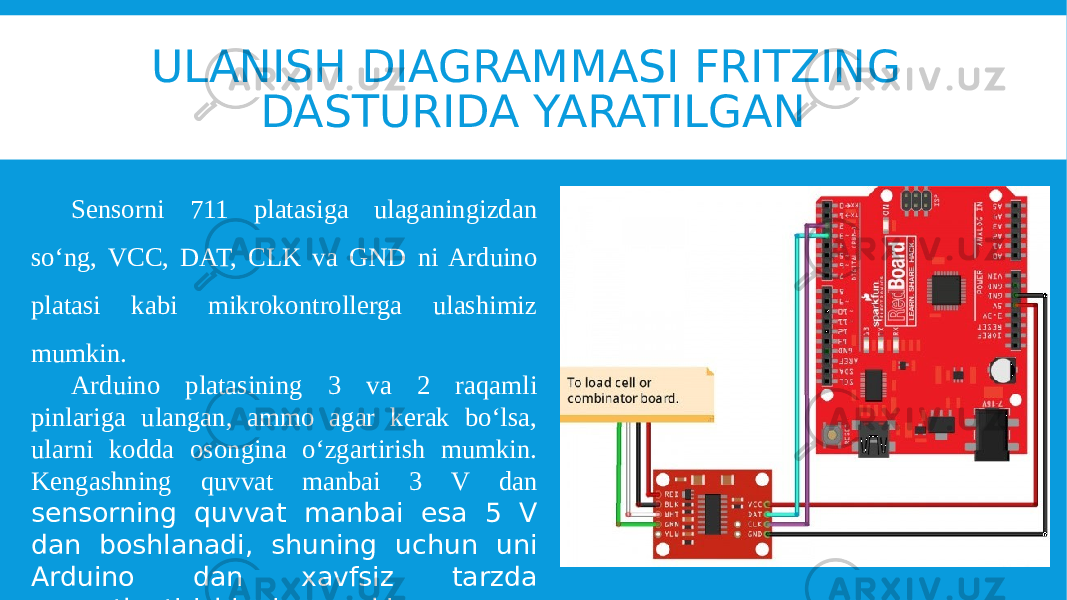 ULANISH DIAGRAMMASI FRITZING DASTURIDA YARATILGAN Sensorni 711 platasiga ulaganingizdan so‘ng, VCC, DAT, CLK va GND ni Arduino platasi kabi mikrokontrollerga ulashimiz mumkin. Arduino platasining 3 va 2 raqamli pinlariga ulangan, ammo agar kerak bo‘lsa, ularni kodda osongina o‘zgartirish mumkin. Kengashning quvvat manbai 3 V dan sensorning quvvat manbai esa 5 V dan boshlanadi, shuning uchun uni Arduino dan xavfsiz tarzda quvvatlantirishingiz mumkin. 