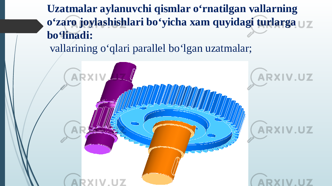 Uzatmalar aylanuvchi qismlar o‘rnatilgan vallarning o‘zaro joylashishlari bo‘yicha xam quyidagi turlarga bo‘linadi: vallarining o‘qlari parallel bo‘lgan uzatmalar; 