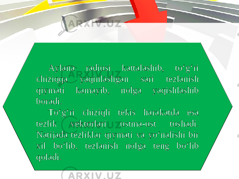 Aylana radiusi kattalashib, to‘g‘ri chiziqqa yaqinlashgan sari tezlanish qiymati kamayib, nolga yaqishlashib boradi. To‘g‘ri chiziqli tekis harakatda esa tezlik vektorlari ustma-ust tushadi. Natijada tezliklar qiymati va yo‘nalishi bir xil bo‘lib, tezlanish nolga teng bo‘lib qoladi. 