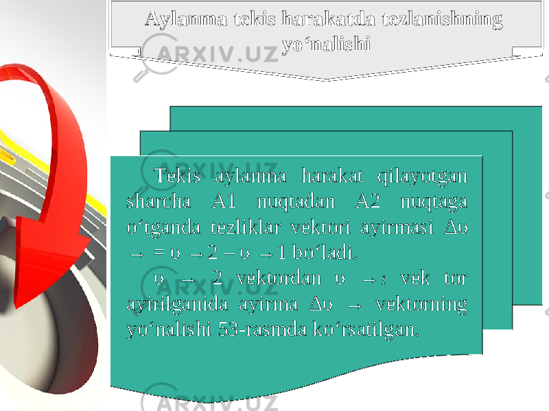 Aylanma tekis harakatda tezlanishning yo‘nalishi Tekis aylanma harakat qilayotgan sharcha A1 nuqtadan A2 nuqtaga o‘tganda tezliklar vektori ayirmasi Δυ → = υ →2 – υ →1 bo‘ladi. υ → 2 vektordan υ → 1 vek tor ayirilganida ayirma Δυ → vektorning yo‘nalishi 53-rasmda ko‘rsatilgan. 