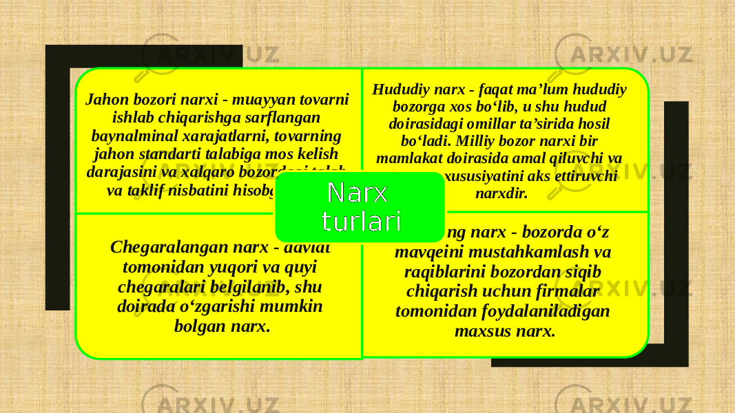 Jahon bozori narxi - muayyan tovarni ishlab chiqarishga sarflangan baynalminal xarajatlarni, tovarning jahon standarti talabiga mos kelish darajasini va xalqaro bozordagi talab va taklif nisbatini hisobga oladi. Hududiy narx - faqat ma’lum hududiy bozorga xos bo‘lib, u shu hudud doirasidagi omillar ta’sirida hosil bo‘ladi. Milliy bozor narxi bir mamlakat doirasida amal qiluvchi va ularning xususiyatini aks ettiruvchi narxdir. Chegaralangan narx - davlat tomonidan yuqori va quyi chegaralari belgilanib, shu doirada o‘zgarishi mumkin bolgan narx. Demping narx - bozorda o‘z mavqeini mustahkamlash va raqiblarini bozordan siqib chiqarish uchun firmalar tomonidan foydalaniladigan maxsus narx .Narx turlari 