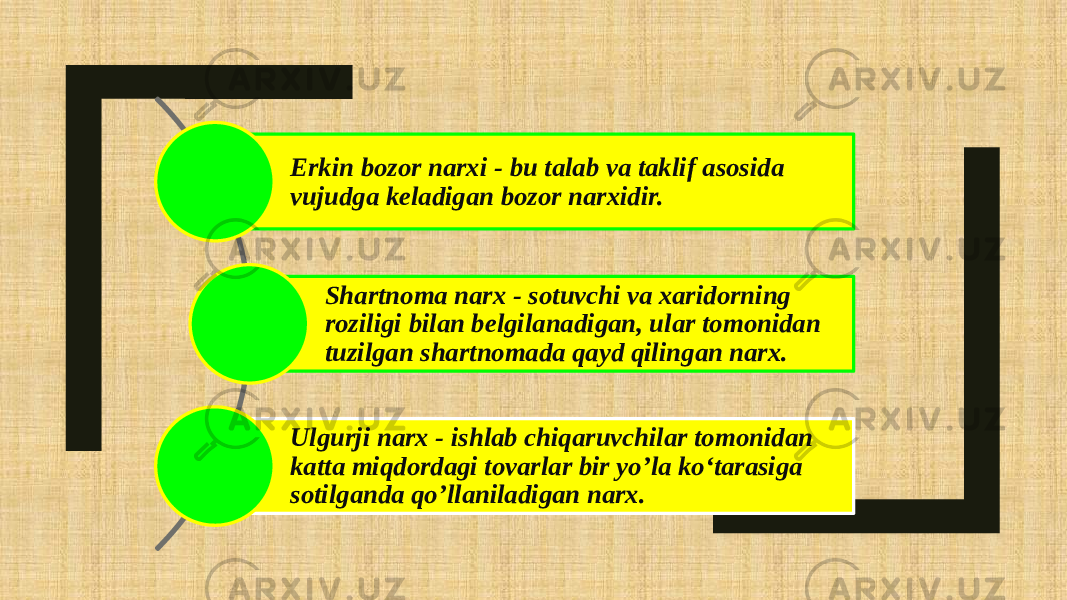 Erkin bozor narxi - bu talab va taklif asosida vujudga keladigan bozor narxidir. Shartnoma narx - sotuvchi va xaridorning roziligi bilan belgilanadigan, ular tomonidan tuzilgan shartnomada qayd qilingan narx. Ulgurji narx - ishlab chiqaruvchilar tomonidan katta miqdordagi tovarlar bir yo’la ko‘tarasiga sotilganda qo’llaniladigan narx. 