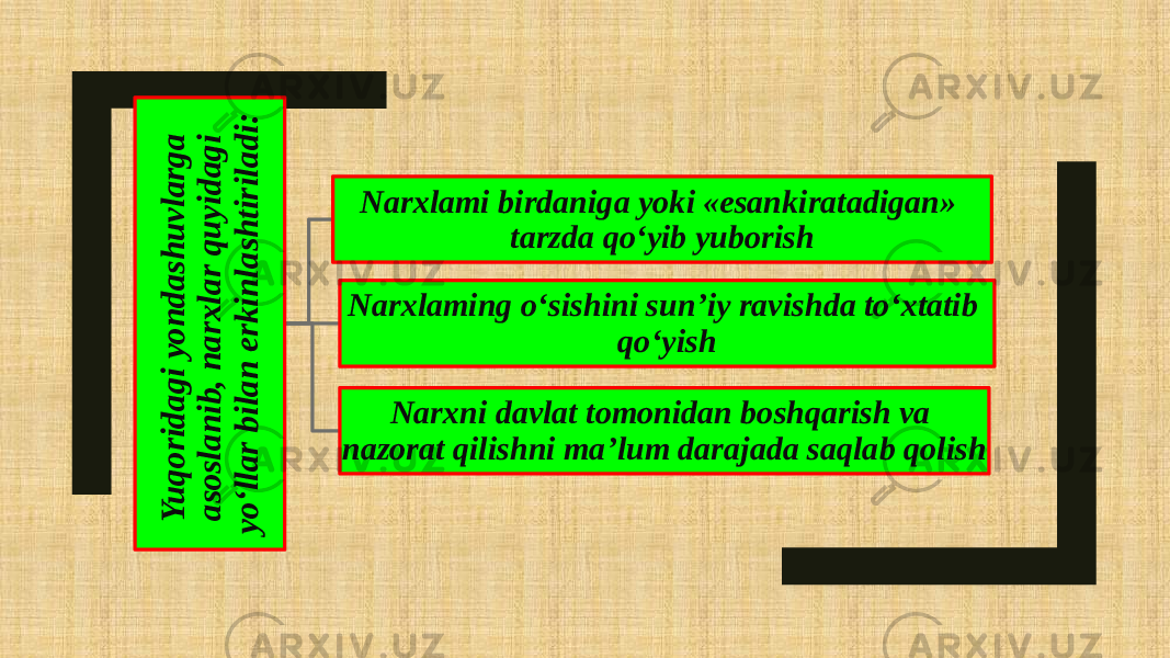 Y u q o r id a g i y o n d a s h u v la r g a a s o s la n ib , n a r x la r q u y id a g i y o ‘lla r b ila n e r k in la s h tir ila d i: Narxlami birdaniga yoki «esankiratadigan» tarzda qo‘yib yuborish Narxlaming o‘sishini sun’iy ravishda to‘xtatib qo‘yish Narxni davlat tomonidan boshqarish va nazorat qilishni ma’lum darajada saqlab qolish 