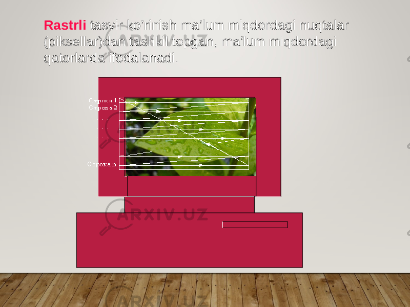 Rastrli tasvir ko’rinish ma’lum miqdordagi nuqtalar (piksellar)dan tashkil topgan, ma’lum miqdordagi qatorlarda ifodalanadi. 