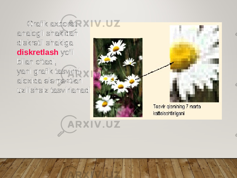        Grafik axborot analogli shakldan diskretli shaklga diskretlash yo’li bilan o’tadi, yani grafik tasvirni aloxida elementlari uzilishsiz tasvirlanadi. 