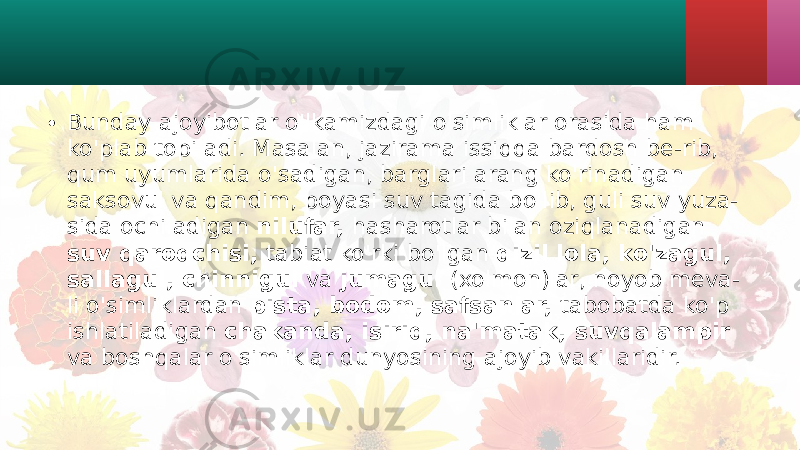 • Bunday ajoyibotlar o&#39;lkamizdagi o&#39;simliklar orasida ham ko&#39;plab topiladi. Masalan, jazirama issiqqa bardosh be-rib, qum uyumlarida o&#39;sadigan, barglari arang ko&#39;rinadigan saksovul va qandim, poyasi suv tagida bo&#39;lib, guli suv yuza- sida ochiladigan nilufar, hasharotlar bilan oziqlanadigan suv qaroqchisi, tabiat ko&#39;rki bo&#39;lgan qizil lola, ko&#39;zagul, sallagul, chinnigul va jumagul (xolmon)lar, noyob meva- li o&#39;simliklardan pista, bodom, safsanlar, tabobatda ko&#39;p ishlatiladigan chakanda, isiriq, na&#39;matak, suvqalampir va boshqalar o&#39;simliklar dunyosining ajoyib vakillaridir. 