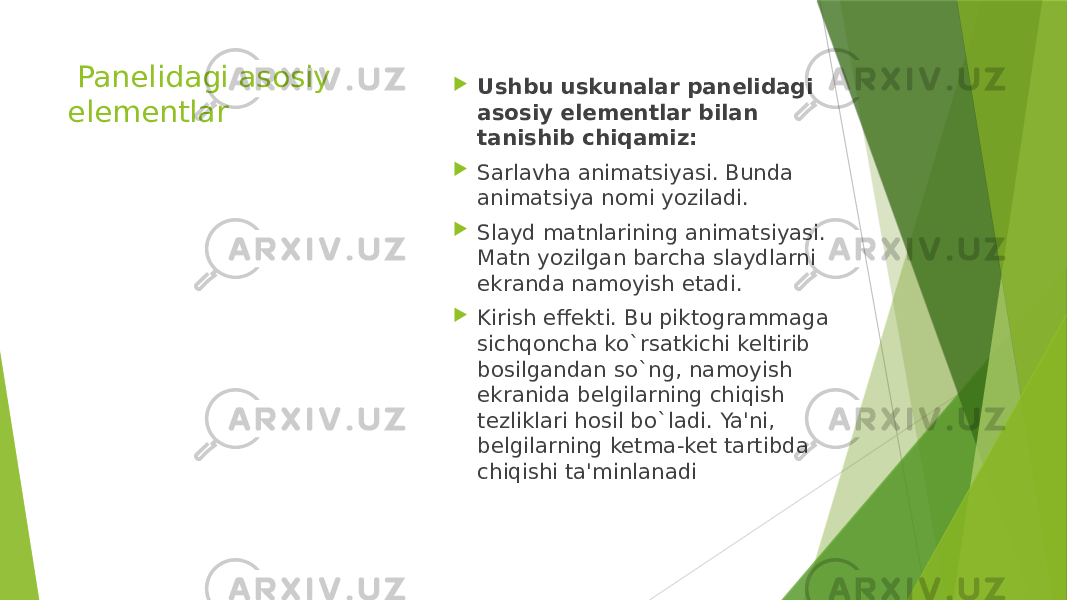  Panelidagi asosiy elementlar  Ushbu uskunalar panelidagi asosiy elementlar bilan tanishib chiqamiz:  Sarlavha animatsiyasi. Bunda animatsiya nomi yoziladi.  Slayd matnlarining animatsiyasi. Matn yozilgan barcha slaydlarni ekranda namoyish etadi.  Kirish effekti. Bu piktogrammaga sichqoncha ko`rsatkichi keltirib bosilgandan so`ng, namoyish ekranida belgilarning chiqish tezliklari hosil bo`ladi. Ya&#39;ni, belgilarning ketma-ket tartibda chiqishi ta&#39;minlanadi 