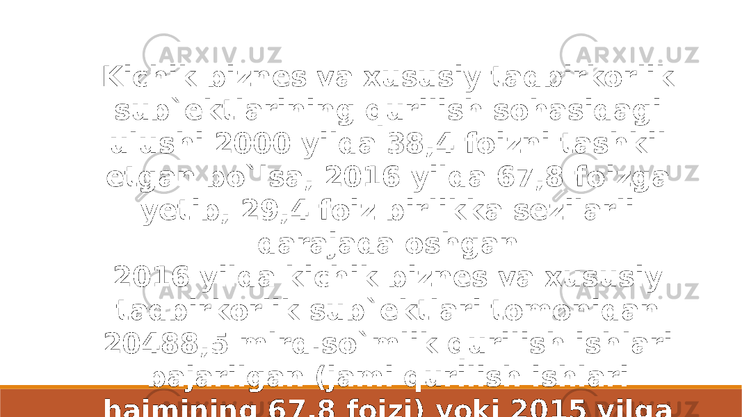 Kichik biznes va xususiy tadbirkorlik sub`ektlarining qurilish sohasidagi ulushi 2000 yilda 38,4 foizni tashkil etgan bo`lsa, 2016 yilda 67,8 foizga yetib, 29,4 foiz birlikka sezilarli darajada oshgan  2016 yilda kichik biznes va xususiy tadbirkorlik sub`ektlari tomonidan 20488,5 mlrd.so`mlik qurilish ishlari bajarilgan (jami qurilish ishlari hajmining 67,8 foizi) yoki 2015 yilga nisbatan 11,9 foizga o`sgan. 