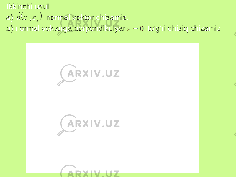Ikkinchi usul: a) normal vektor chizamiz. b) normal vektorga perpendikulyar to&#39;g&#39;ri chiziq chizamiz.  21 ,c c n 