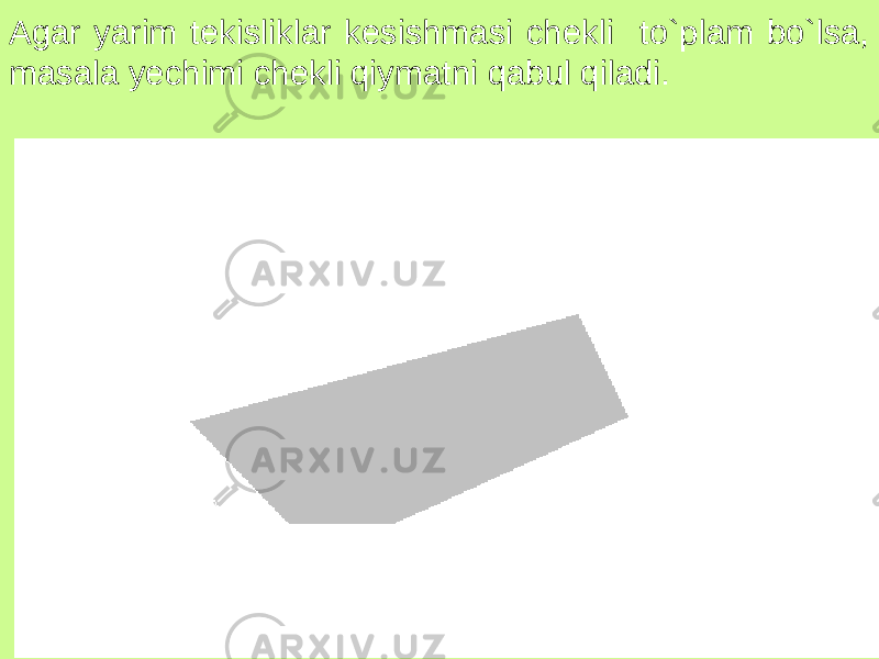 Agar yarim tekisliklar kesishmasi chekli to`plam bo`lsa, masala yechimi chekli qiymatni qabul qiladi. 