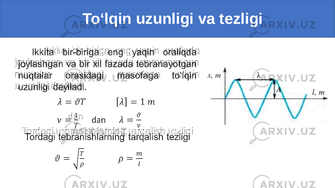  To‘lqin uzunligi va tezligi Ikkita bir-biriga eng yaqin oraliqda joylashgan va bir xil fazada tebranayotgan nuqtalar orasidagi masofaga to‘lqin uzunligi deyiladi. dan Tordagi tebranishlarning tarqalish tezligi • 