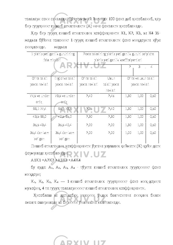 толалари сони саналади. Сўнг умумий йиғинди 100 фоиз деб ҳисобланиб, ҳар бир гуруҳнинг пишиб етилганлиги (А) неча фоизлиги ҳисобланади. Ҳар бир гуруҳ пишиб етилганлик коэффициенти К1, К2, К3, ва К4 35- жадвал бўйича толанинг 1-гуруҳ пишиб етилганлиги фоиз миқдорига кўра аниқланади. жадвал 1-pishib yetilganlik guruhining foiz miqdori Paxta tolasining pishib yetilganlik guruhi bo’yicha pishib yetilganlik koeffitsiyentlari 1 2 3 4 O’rta tolali paxta navlari Ingichka tolali paxta navlari O’rta tolali paxta navlari Uzun tolali paxta navlari O’rta va uzun tolali paxta navlari 77,5 va undan ortiq 73,5 va undan ortiq 2,40 2,45 1,30 1,00 0,50 69,1-77,4 65,1-73,4 2,35 2,40 1,30 1,00 0,50 43,5-69,0 40,5-65,0 2,30 2,30 1,30 1,00 0,50 35,5-43,4 35,5-40,4 2,00 2,00 1,30 1,00 0,50 35,4 dan kam bo’lgan 35,4 dan kam bo’lgan 2,00 2,00 1,00 1,00 0,50 Пишиб етилганлик коэффициенти ўртача улушлик қиймати (К) қуйи-даги формулада ҳисобланади: A1K1 +A2K2 +A3K3 +A4K4 бу ерда: A 1 , A 2 , A 3 , A 4 - тўртта пишиб етилганлик гуруҳининг фоиз миқдори; K 1 , K 2 , K 3 , K 4 — 1-пишиб етилганлик гуруҳининг фоиз миқ-дорига мувофиқ, 4 та гуруҳ толаларининг пишиб етилганлик коэффициенти. Ҳисоблаш ва дастлабки иккинчи ўнлик белгисигача аниқлик билан амалга оширилади ва биринчи ўнликкача яхлитланади. 