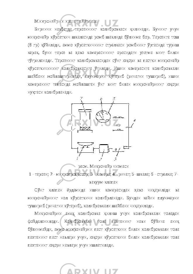 Микронейрни ишга тайёрлаш Биринчи навбатда тарозининг колибровкаси қилинади. Бунинг учун микронейр кўрсаткич шкаласида ромб шаклида бўлинма бор. Тарозига тош (8 гр) қўйилади, аммо кўрсаткичнинг стрелкаси ромбнинг ўртасида туриш керак, буни тароз ва ҳаво камерасининг орасидаги узатма винт билан тўғриланади. Тарознинг колибровкасидан сўнг юқори ва пастки микронейр кўрсаткичининг колибровкасига ўтилади. Ишчи камерасига колибровкали шайбани жойлаштирилади, плунжерни кўтариб (ричагни тушириб), ишчи камеранинг тепасида жойлашган ўнг винт билан микронейрнинг юқори нуқтаси колибрланади. расм. Микронейр чизмаси 1 - тарози; 2 - микропроцессор; 3 - камера; 4 - ричаг; 5- шкала; 6 - стрелка; 7- вакуум-клапан Сўнг клапан ёрдамида ишчи камерасидан ҳаво чиқарилади ва микронейрнинг нол кўрсаткичи колибрланади. Бундан кейин плунжерни тушириб (ричагни кўтариб), колибровкали шайбани чиқарилади. Микронейрни аниқ колибровка қилиш учун колибровкали толадан фойдаланилади. Колибровкали тола пахтанинг нави бўйича аниқ бўлинмайди, аммо микронейрни паст кўрсаткичи билан колибровкали тола пахтанинг паст навлари учун, юқори кўрсаткичи билан колибровкали тола пахтанинг юқори навлари учун ишлатилади. 