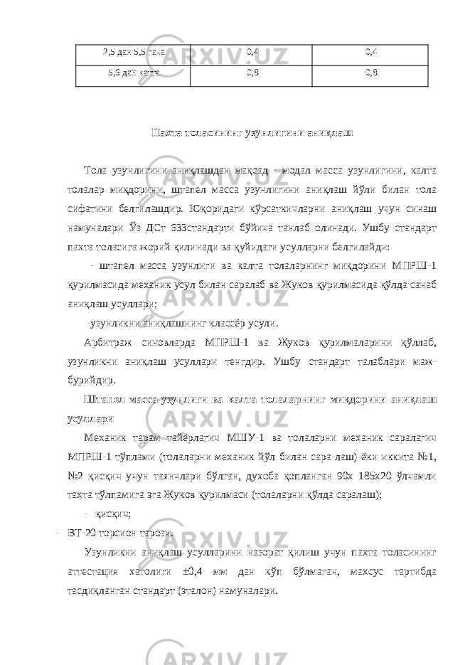 2,5 дан 5,5 гача 0,4 0,4 5,6 дан катта 0,8 0,8 Пахта толасининг узунлигини аниқлаш Тола узунлигини аниқлашдан мақсад - модал масса узунлигини, калта толалар миқдорини, штапел масса узунлигини аниқлаш йўли билан тола сифатини белгилашдир. Юқоридаги кўрсаткичларни аниқлаш учун синаш намуналари Ўз ДСт 633стандарти бўйича танлаб олинади. Ушбу стандарт пахта толасига жорий қилинади ва қуйидаги усулларни белгилайди: - штапел масса узунлиги ва калта толаларнинг миқдорини МПРШ-1 қурилмасида механик усул билан саралаб ва Жуков қурилмасида қўлда санаб аниқлаш усуллари; -узунликни аниқлашнинг классёр усули. Арбитраж синовларда МПРШ-1 ва Жуков қурилмаларини қўллаб, узунликни аниқлаш усуллари тенгдир. Ушбу стандарт талаблари маж- бурийдир. Штапел масса узунлиги ва калта толаларнинг миқдорини аниқлаш усуллари Механик тарам тайёрлагич МШУ-1 ва толаларни механик саралагич МПРШ-1 тўплами (толаларни механик йўл билан сара-лаш) ёки иккита №1, №2 қисқич учун таянчлари бўлган, духоба қопланган 90х 185х20 ўлчамли тахта тўлпамига эга Жуков қурилмаси (толаларни қўлда саралаш); - қисқич; - ВТ-20 торсион тарози. Узунликни аниқлаш усулларини назорат қилиш учун пахта толасининг аттестация хатолиги ±0,4 мм дан кўп бўлмаган, махсус тартибда тасдиқланган стандарт (эталон) намуналари. 