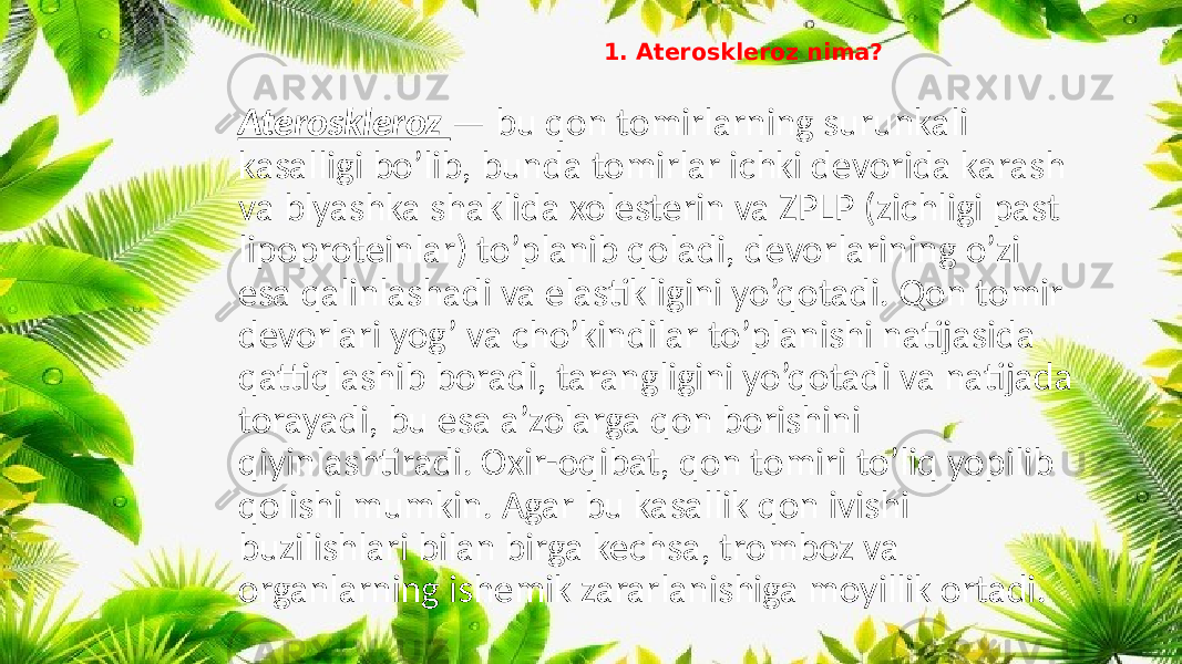 1. Ateroskleroz nima? Ateroskleroz — bu qon tomirlarning surunkali kasalligi bo’lib, bunda tomirlar ichki devorida karash va blyashka shaklida xolesterin va ZPLP (zichligi past lipoproteinlar) to’planib qoladi, devorlarining o’zi esa qalinlashadi va elastikligini yo’qotadi. Qon tomir devorlari yog’ va cho’kindilar to’planishi natijasida qattiqlashib boradi, tarangligini yo’qotadi va natijada torayadi, bu esa a’zolarga qon borishini qiyinlashtiradi. Oxir-oqibat, qon tomiri to’liq yopilib qolishi mumkin. Agar bu kasallik qon ivishi buzilishlari bilan birga kechsa, tromboz va organlarning ishemik zararlanishiga moyillik ortadi. 