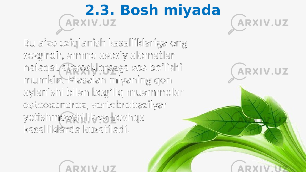 2.3. Bosh miyada Bu a’zo oziqlanish kasalliklariga eng sezgirdir, ammo asosiy alomatlar nafaqat aterosklerozga xos bo’lishi mumkin. Masalan miyaning qon aylanishi bilan bog’liq muammolar osteoxondroz, vertebrobazilyar yetishmovchilik va boshqa kasalliklarda kuzatiladi. 