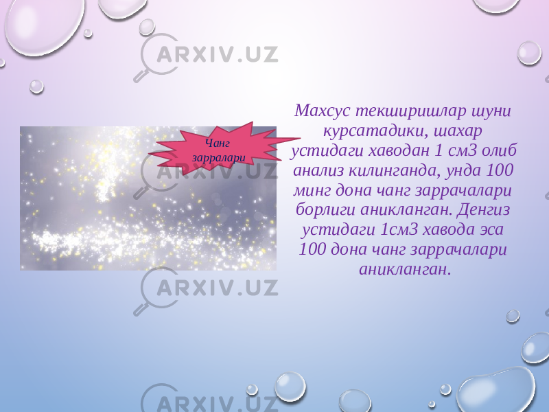 Махсус текширишлар шуни курсатадики, шаxар устидаги xаводан 1 см3 олиб анализ килинганда, унда 100 минг дона чанг заррачалари борлиги аникланган. Денгиз устидаги 1см3 xавода эса 100 дона чанг заррачалари аникланган.Чанг зарралари 