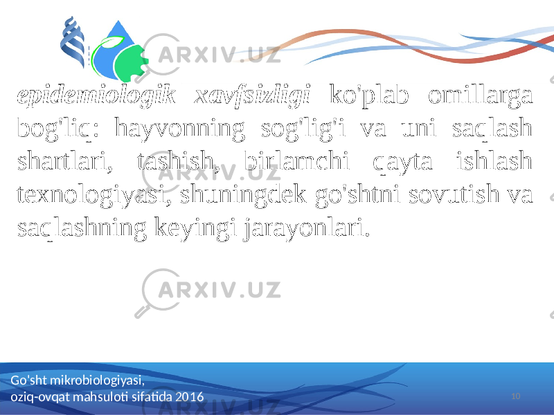 epidemiologik xavfsizligi ko&#39;plab omillarga bog&#39;liq: hayvonning sog&#39;lig&#39;i va uni saqlash shartlari, tashish, birlamchi qayta ishlash texnologiyasi, shuningdek go&#39;shtni sovutish va saqlashning keyingi jarayonlari. 10Go&#39;sht mikrobiologiyasi, oziq-ovqat mahsuloti sifatida 2016 