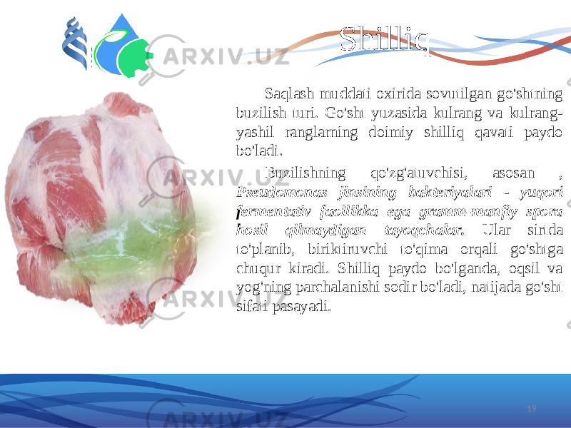 Shilliq Saqlash muddati oxirida sovutilgan go&#39;shtning buzilish turi. Go&#39;sht yuzasida kulrang va kulrang- yashil ranglarning doimiy shilliq qavati paydo bo&#39;ladi. Buzilishning qo&#39;zg&#39;atuvchisi, asosan , Pseudomonas jinsining bakteriyalari - yuqori fermentativ faollikka ega gramm-manfiy spora hosil qilmaydigan tayoqchalar. Ular sirtda to&#39;planib, biriktiruvchi to&#39;qima orqali go&#39;shtga chuqur kiradi. Shilliq paydo bo&#39;lganda, oqsil va yog&#39;ning parchalanishi sodir bo&#39;ladi, natijada go&#39;sht sifati pasayadi. 19 