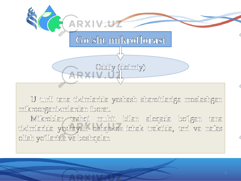 6Go&#39;sht mikroflorasi Oddiy (doimiy) U turli tana tizimlarida yashash sharoitlariga moslashgan mikroorganizmlardan iborat. Mikroblar tashqi muhit bilan aloqada bo&#39;lgan tana tizimlarida yashaydi: oshqozon-ichak traktida, teri va nafas olish yo&#39;llarida va boshqalar. 