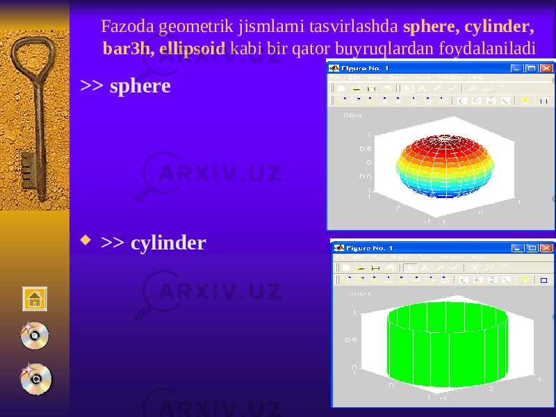 Fazoda geometrik jismlarni tasvirlashda sphere, cylinder, bar3h, ellipsoid kabi bir qator buyruqlardan foydalaniladi >> sphere  >> cylinder 