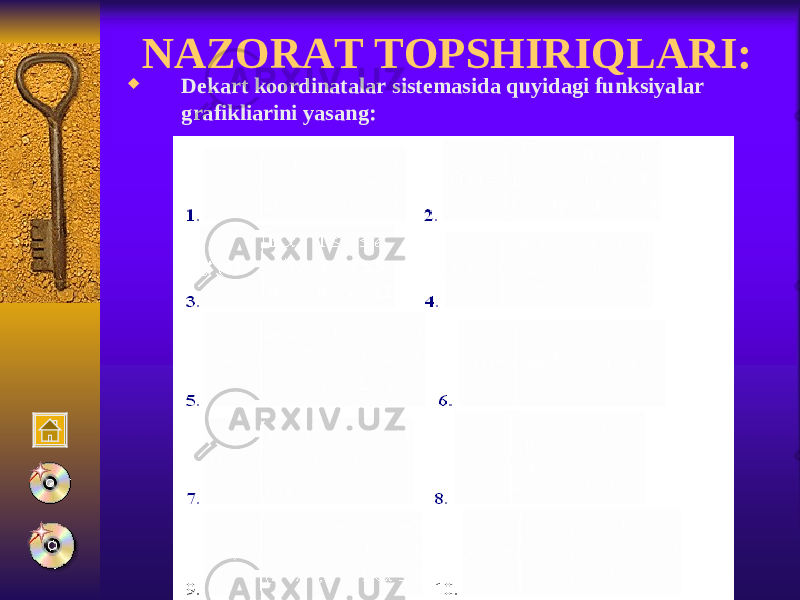 NAZORAT TOPS H IRI Q LARI :  Dekart koordinatalar sistemasida quyidagi funksiyalar grafikliarini yasang: 