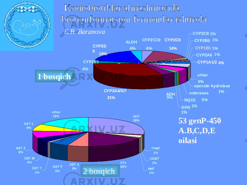 CYP2C19 4% CYP2C9 14% CYP2C8 1% CYP2B6 1% CYP1B1 1% CYP2A6 1% CYP1A1/2 4% other 5% epoxide hydrolase 1% esterases 5% NQO1 1% DPD 1%CYP3A4/5/7 31%CYP2E1 4% CYP2D 6 18% ALDH 4% ADH 5%1 bosqich 2 bosqich Ksenobiotiklar almashinuvida biotranformatsion fermentlar ishtiroki E.B. Baranova 53 genР-450 А.B,C,D,E oilasiUGT 28% TPMT 1% COMT 2% HMT 1%STs 18%GST A 6%GST T 1%GST M 5%NAT 2 8% NAT 1 8% other 16% GST P 6% 