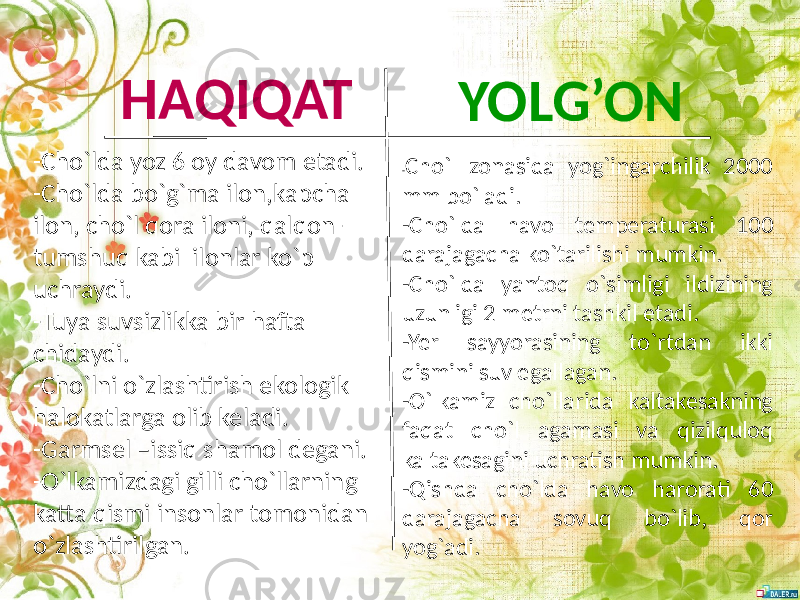 HAQIQAT YOLG’ON -Cho`lda yoz 6 oy davom etadi. -Cho`lda bo`g`ma ilon,kapcha ilon, cho`l qora iloni, qalqon- tumshuq kabi ilonlar ko`p uchraydi. -Tuya suvsizlikka bir hafta chidaydi. -Cho`lni o`zlashtirish ekologik halokatlarga olib keladi. -Garmsel –issiq shamol degani. -O`lkamizdagi gilli cho`llarning katta qismi insonlar tomonidan o`zlashtirilgan. - Cho`l zonasida yog`ingarchilik 2000 mm bo`ladi. -Cho`lda havo temperaturasi 100 darajagacha ko`tarilishi mumkin. -Cho`lda yantoq o`simligi ildizining uzunligi 2 metrni tashkil etadi. -Yer sayyorasining to`rtdan ikki qismini suv egallagan. -O`lkamiz cho`llarida kaltakesakning faqat cho`l agamasi va qizilquloq kaltakesagini uchratish mumkin. -Qishda cho`lda havo harorati 60 darajagacha sovuq bo`lib, qor yog`adi. 